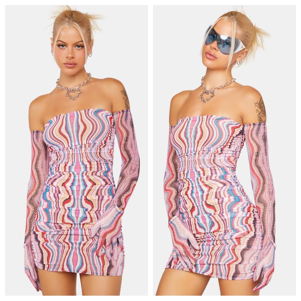 AFRM Danni Dress Multi Wave S Mesh Strapless Mini Ruched Stretchy Y2K